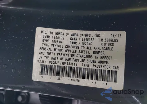 2016 Honda Accord Lx z USA, uszkodzony, nr VIN 1HGCR2F39GA183615